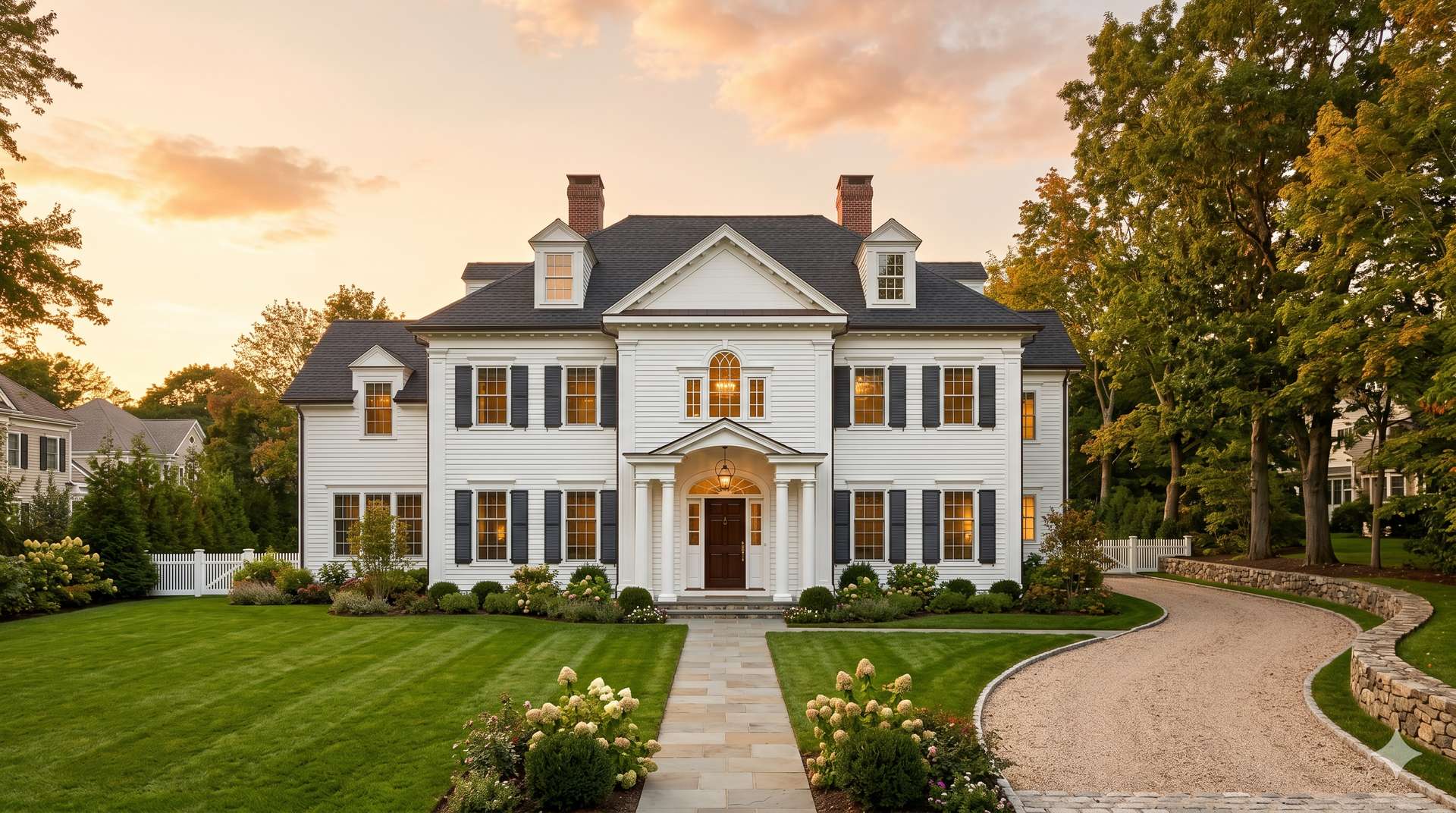 Premium exterior house painting of an estate home during golden hour in Cherry Hill, NJ by HRF Painting & Construction.