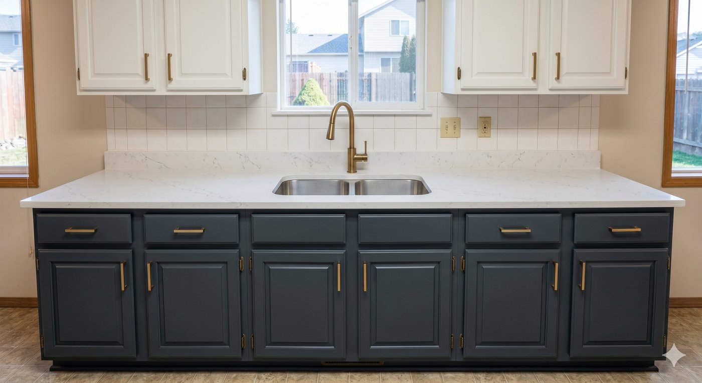 Factory-grade sprayed polyurethane kitchen cabinet refinishing close up in Haddonfield, NJ.
