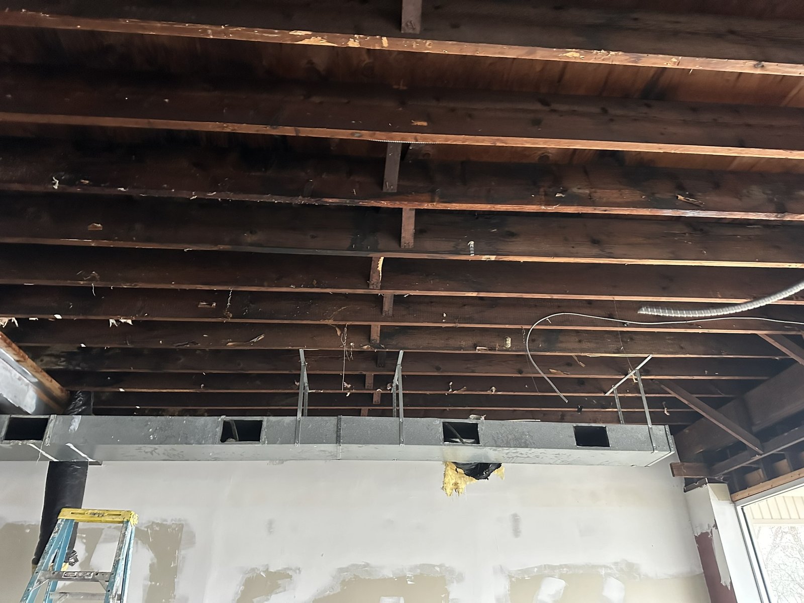 Exposed wood roof framing and insulation before commercial remodeling at an MMA gym in Haddonfield, NJ
