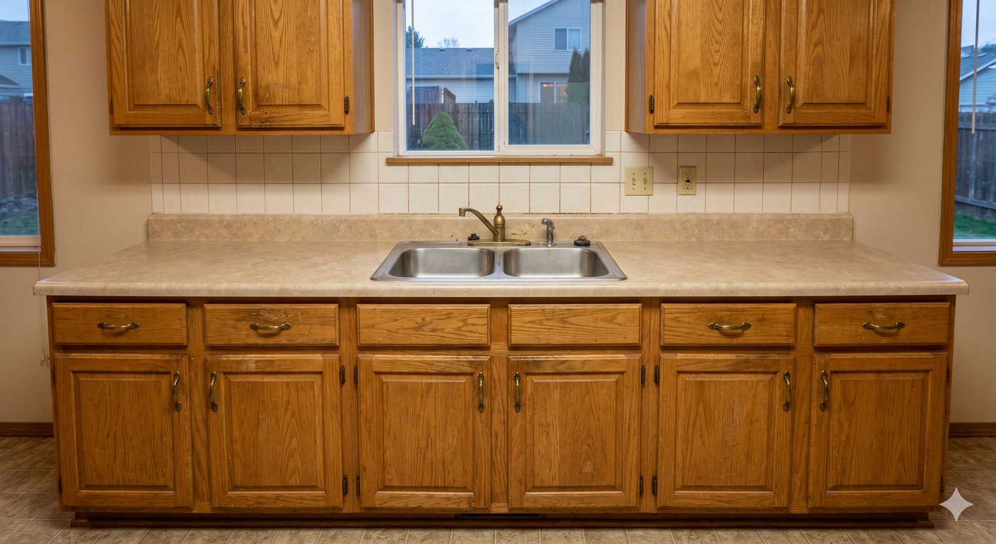 Dated kitchen cabinets before sprayed polyurethane refinishing in Haddonfield, NJ.