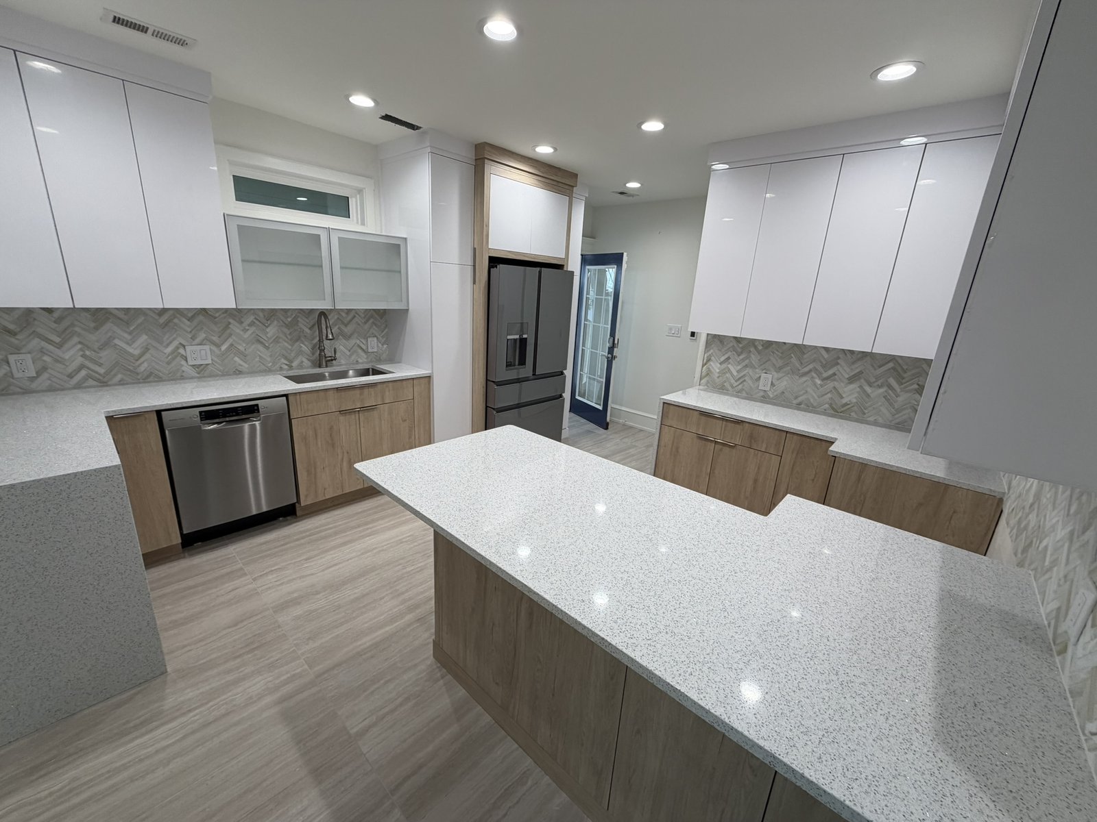 Before and after residential kitchen remodeling and cabinet finishing in Haddonfield, NJ.