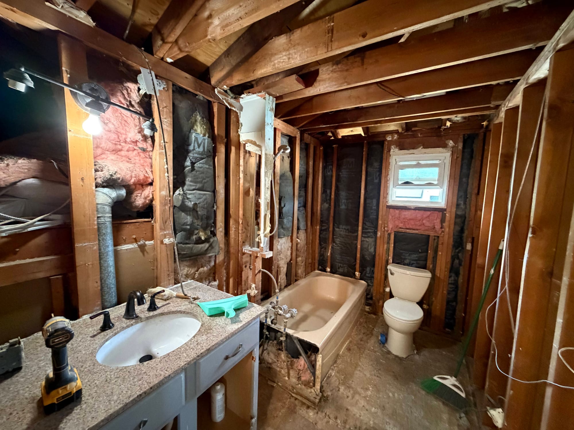 Bathroom before renovation, gutted to the studs with insulation exposed, in Voorhees, NJ.