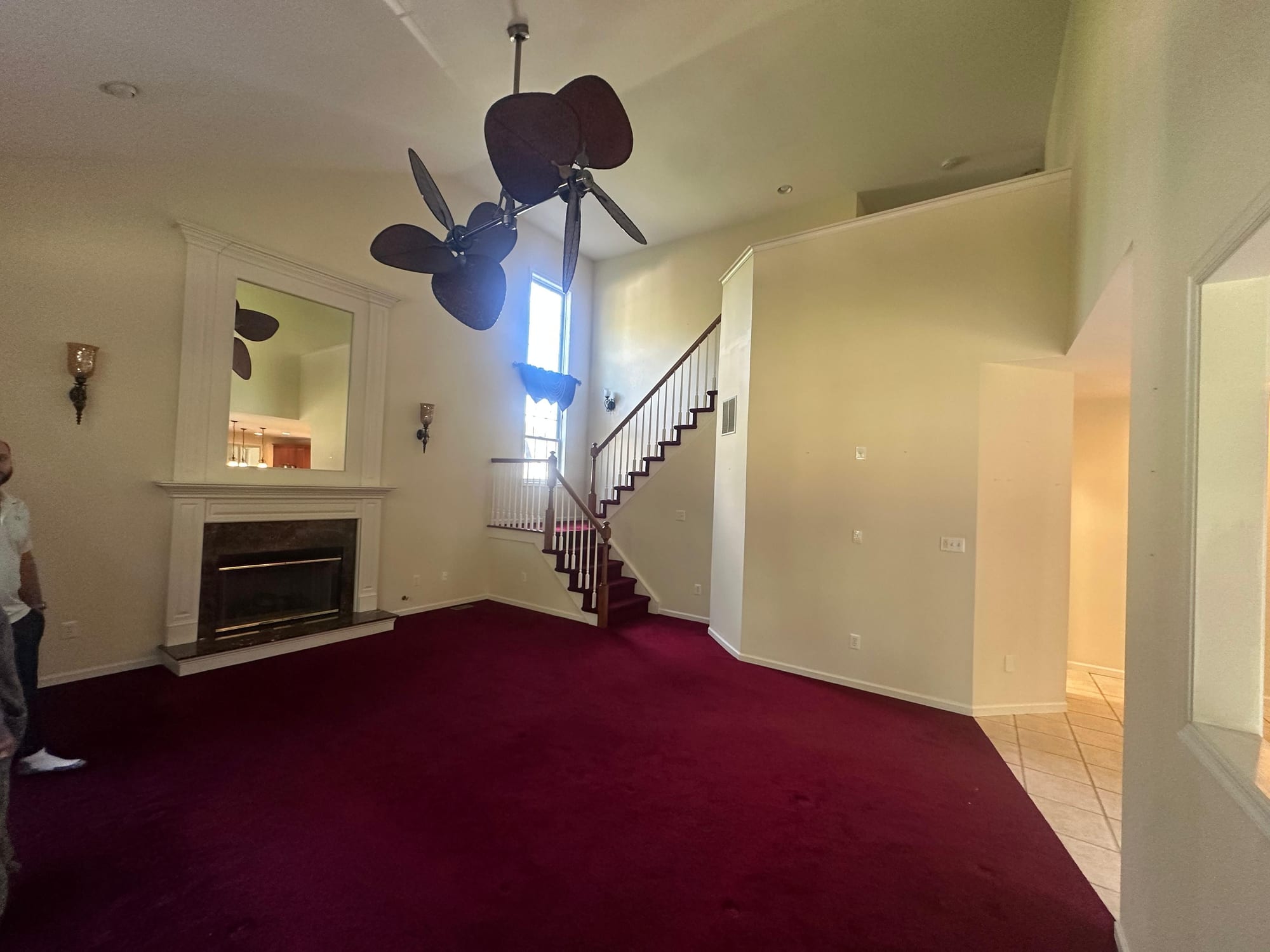 Living room before repainting, with pale green walls and dark carpet, in Mount Holly, NJ.